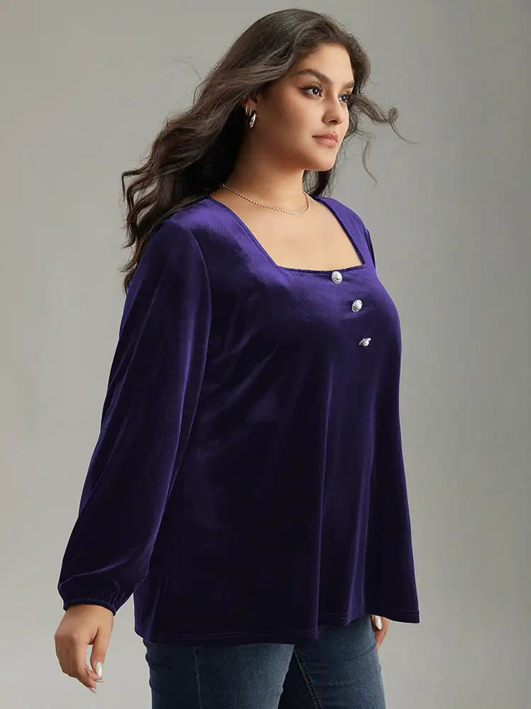 Velvet Metal Button Detail Blouse