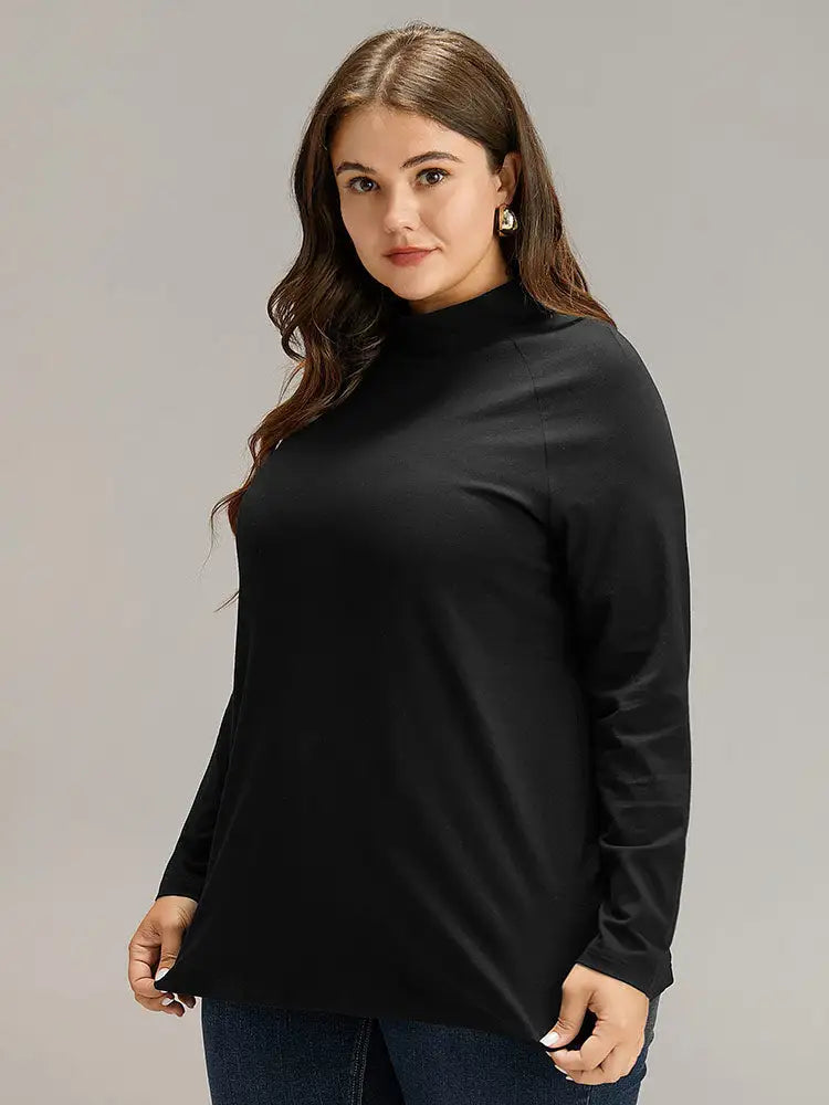 Cotton Mock Neck Raglan Sleeve T-Shirt