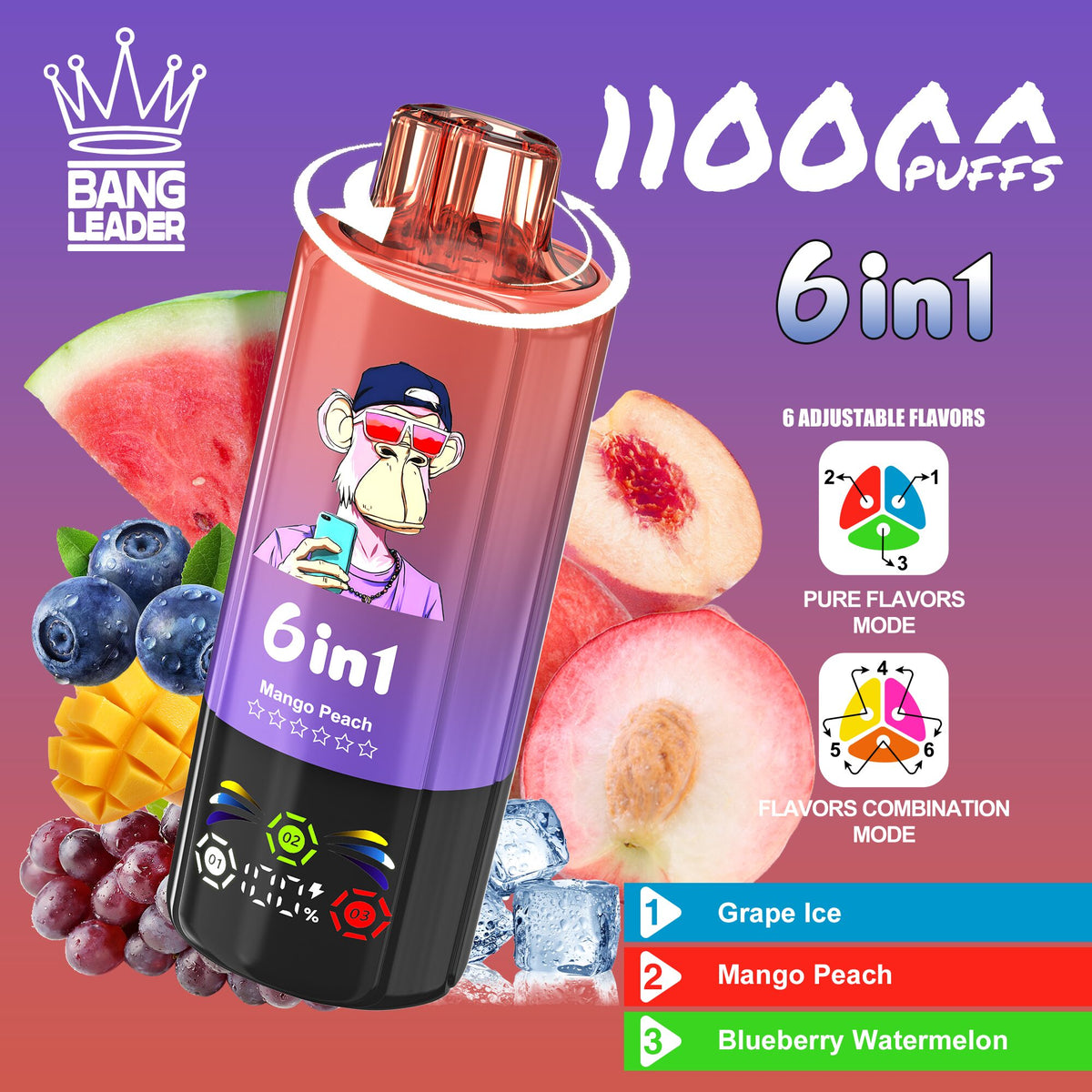 Bang Leader 110000 110K Puffs 6 in 1 Flavors Newest Original Rechargeable LED Display Disposable Vape