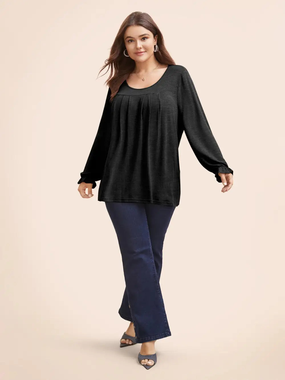 Round Neck Heather Pleated T-Shirt