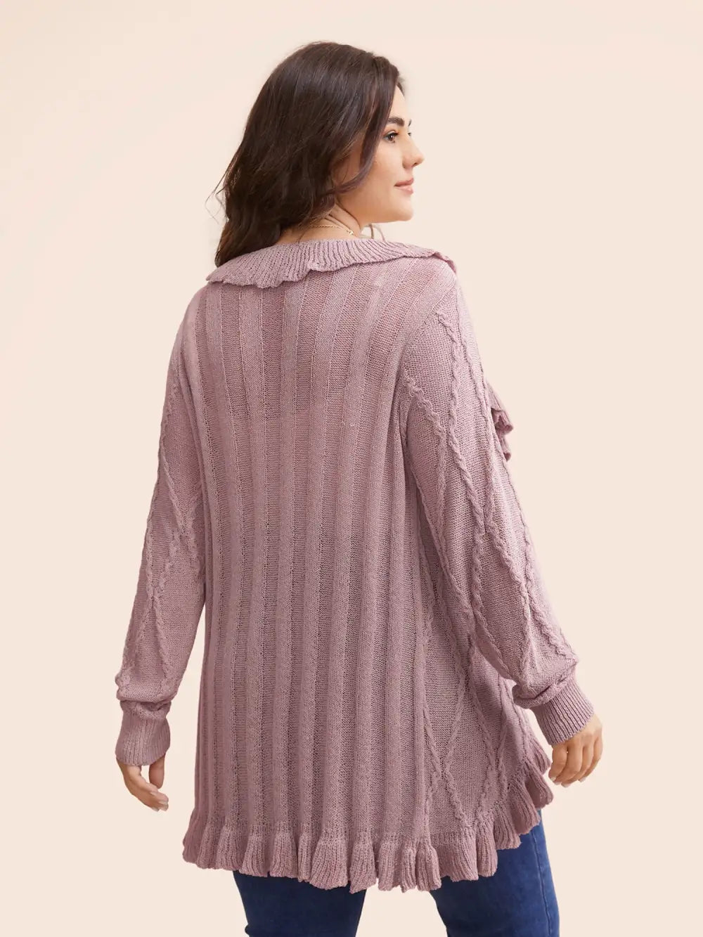 Ruffle Trim Ties Cable Knit Cardigan
