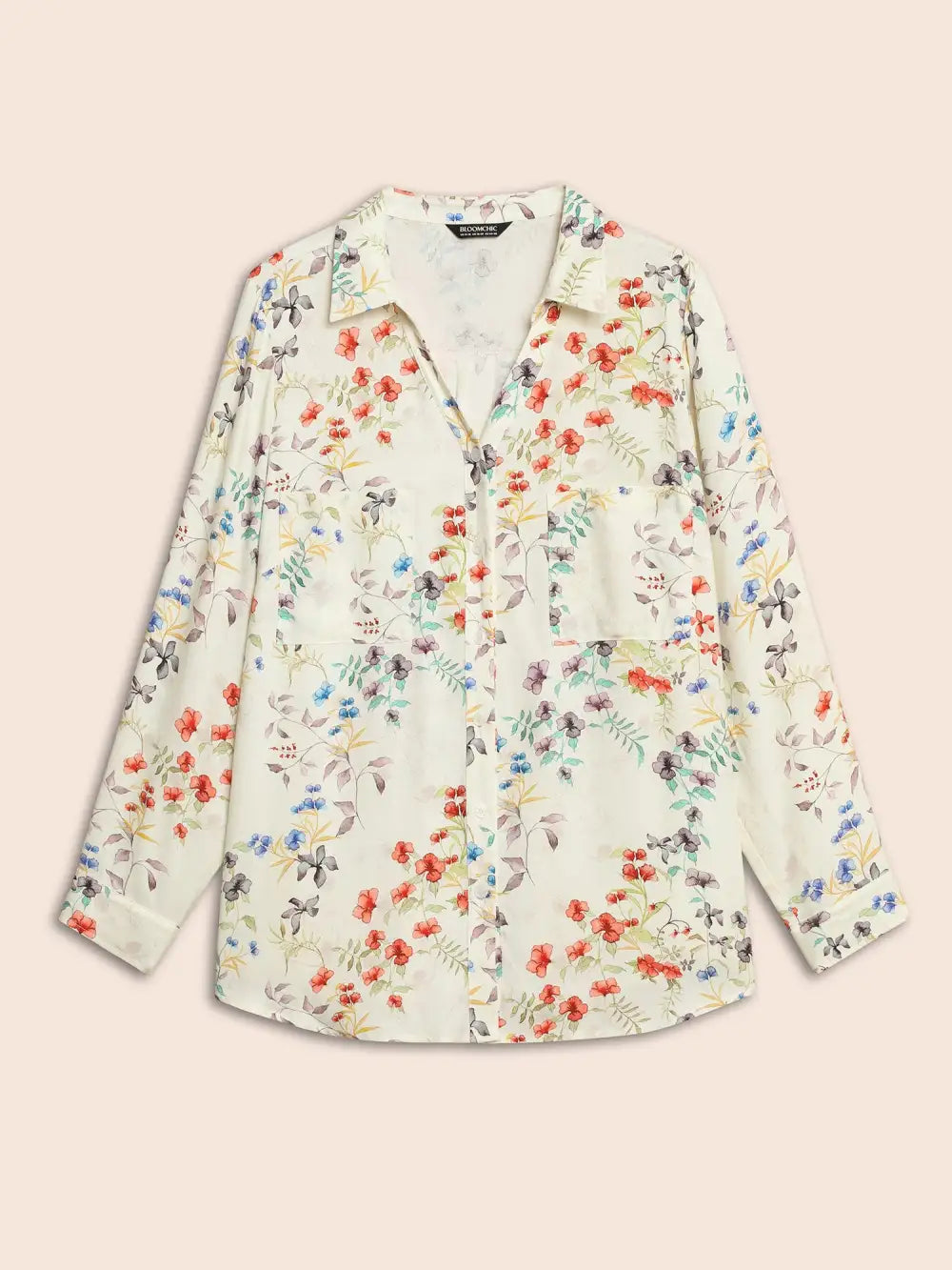Shirt Collar Floral Patched Pocket Blouse