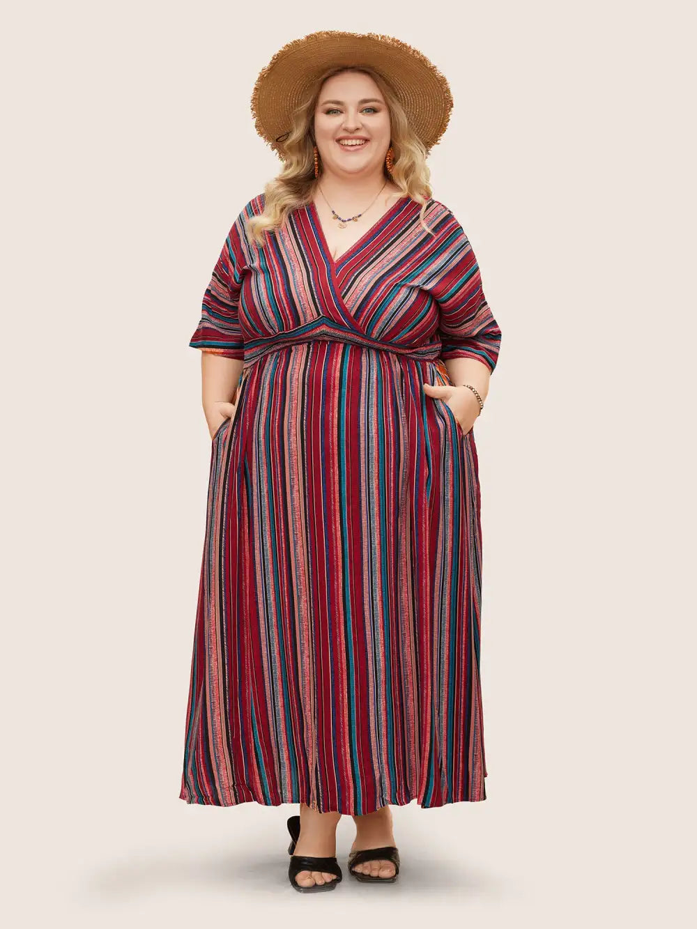 Striped Contrast Dolman Sleeve Shirred Pocket Split Flutter Dress
