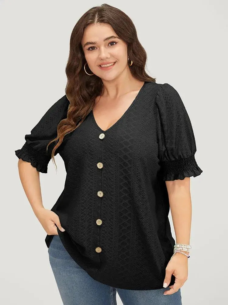 Plain Broderie Anglaise Shirred Puff Sleeve Button Detail T-shirt