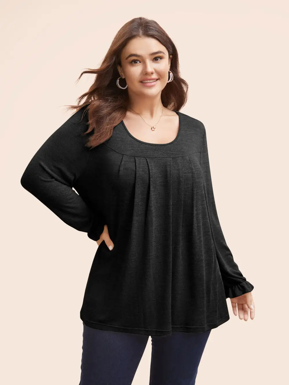 Round Neck Heather Pleated T-Shirt