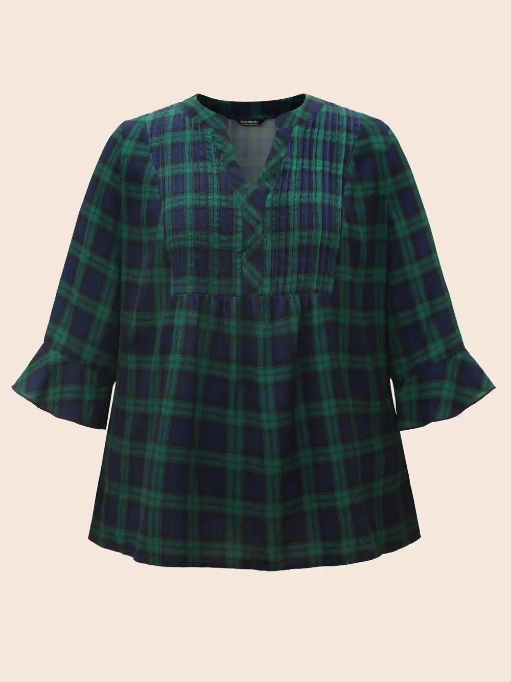 Notched Plaid Ruffles Pleated Blouse