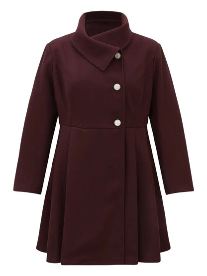 Plain Button Up Pocket Asymmetrical Lapel Collar Coat