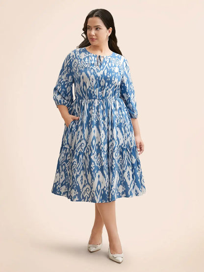 Boho Print Tie Knot Puff Sleeve Dress