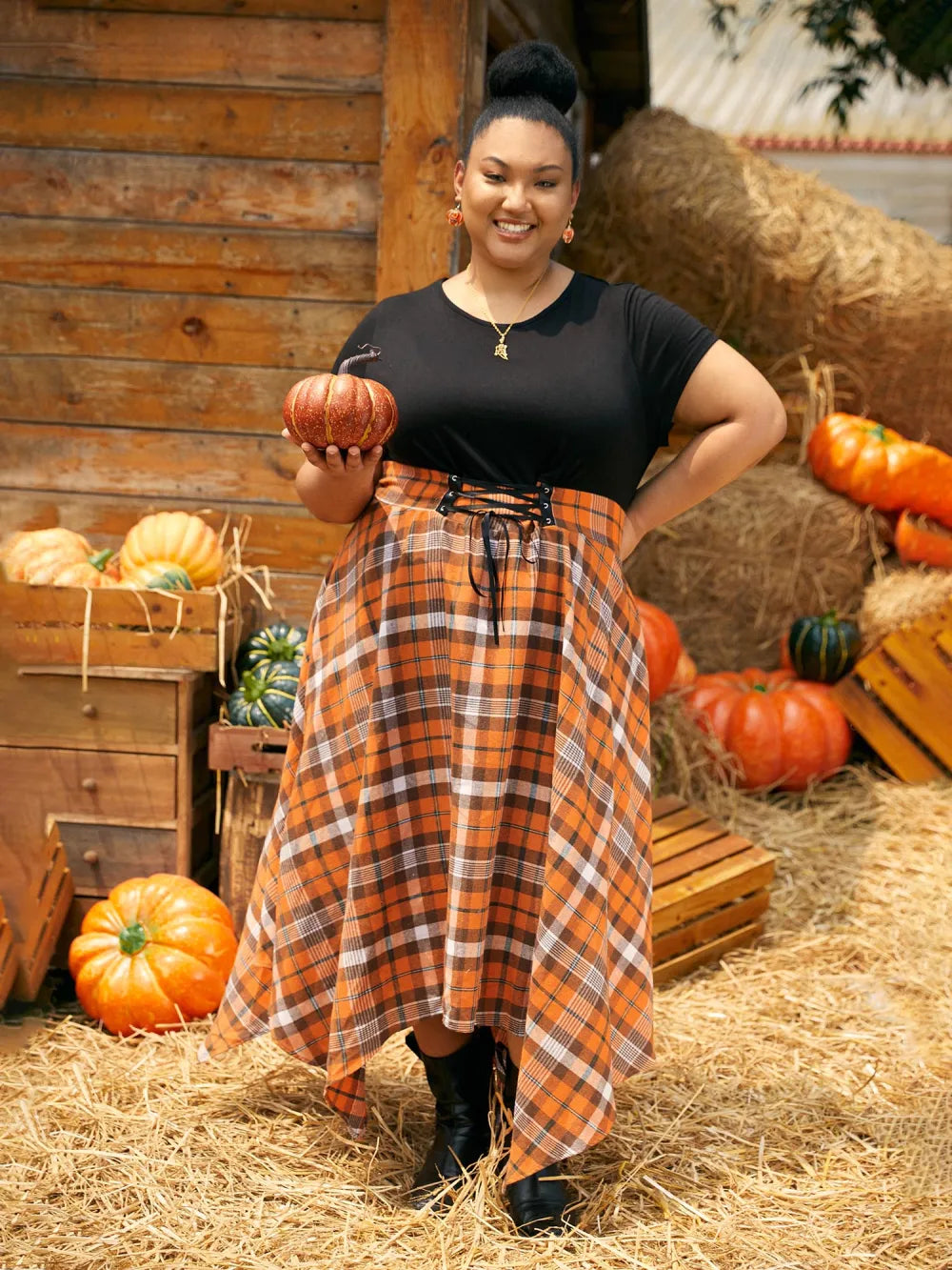 Elastic Plaid Asymmetrical Hem Dress