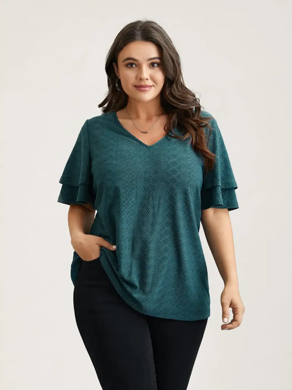 Jacquard Textured Lotus Leaf Sleeve Top
