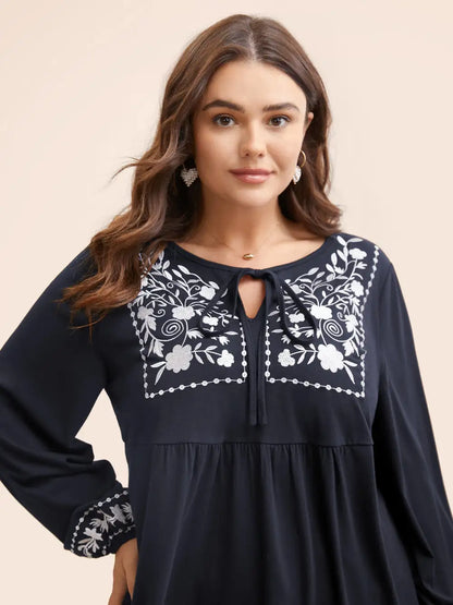 Floral Embroidered Knot Neck Lantern Sleeve T-Shirt