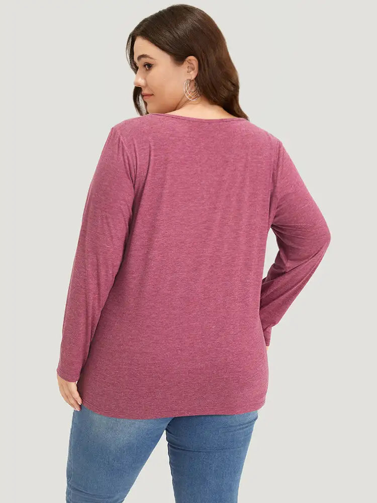 Plain V Neck Line Button Detail T-Shirt