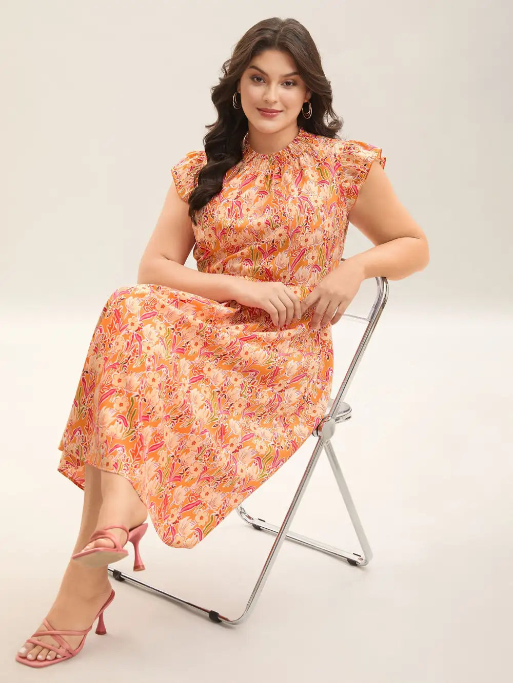 Floral Print Shirred Pockets Midi Dress