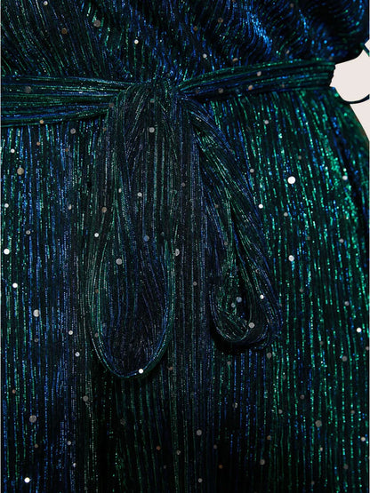 Sequin Mesh Lantern Sleeve Wrap Belted Striped Blouse