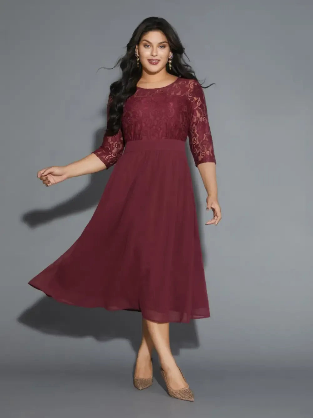 Lace Patchwork Shirred Midi Pocket Dress