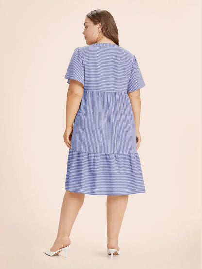 Striped Patchwork Notched Flutter Layered Babydoll Dress