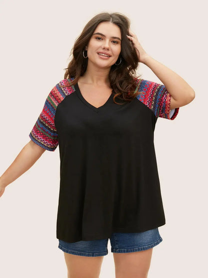 Ditsy Floral Colorblock Contrast Raglan Sleeve T-Shirt