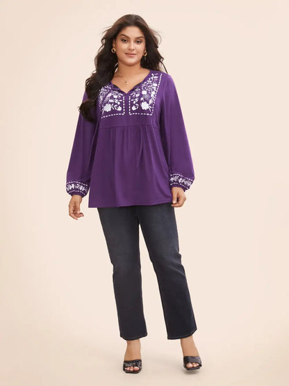 Floral Embroidered Knot Neck Lantern Sleeve T-Shirt