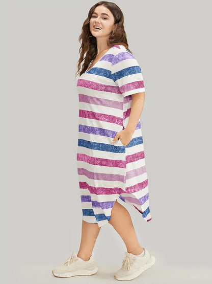 Striped Contrast Arc Hem V Neck Pocket Dress