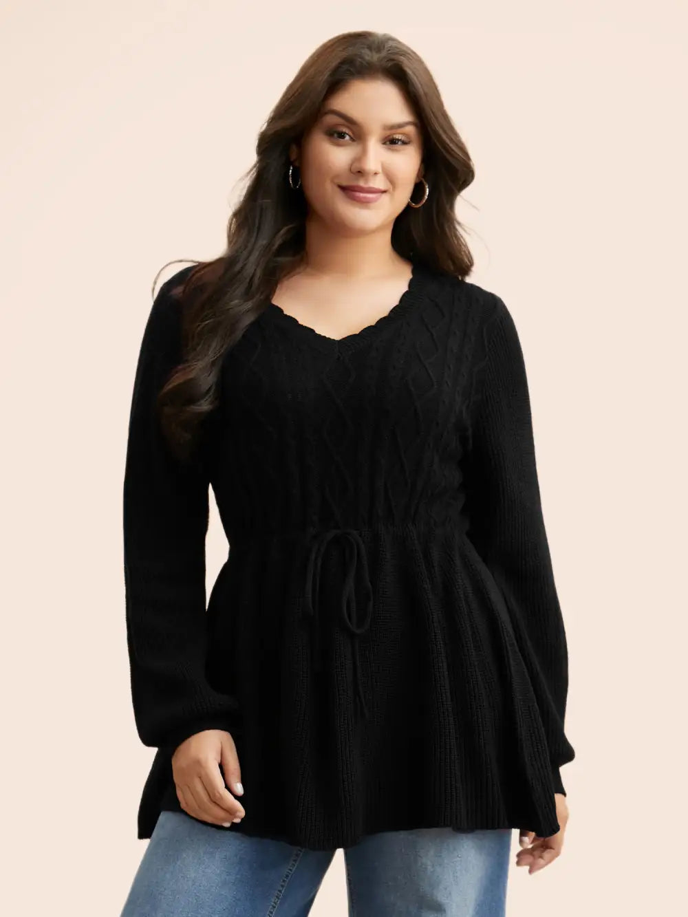 V Neck Cable Knit Drawstring Pullover
