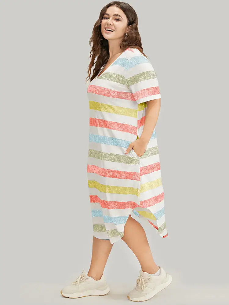 Striped Contrast Arc Hem V Neck Pocket Dress