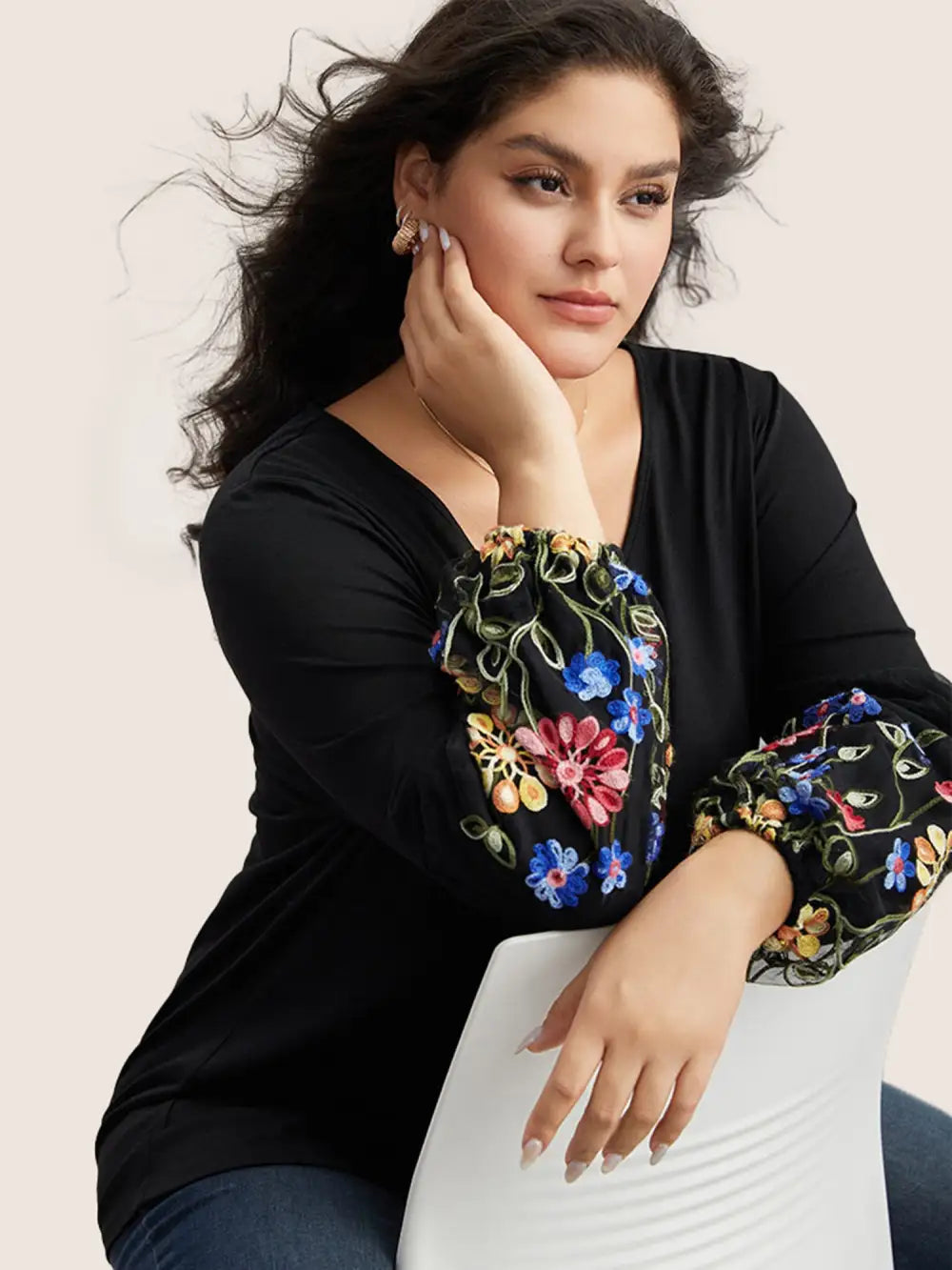 Floral Embroidered Lantern Sleeve T-Shirt