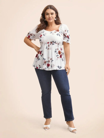 Floral Print Square Neck Gathered Puff Sleeve Blouse