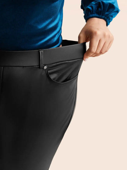 Pu Leather Button Detail Mid Rise Pants