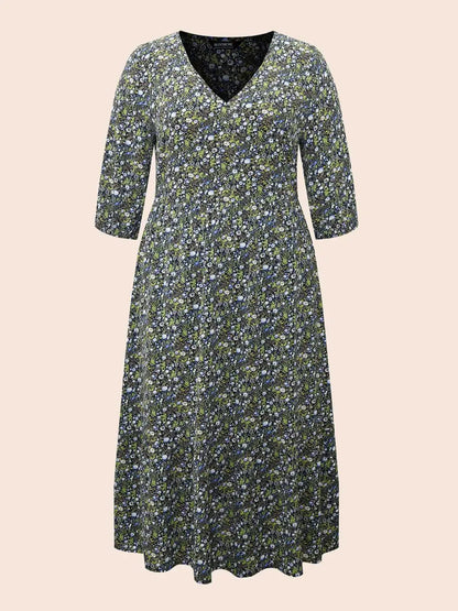 Ditsy Floral Lantern Sleeve Ruffle Hem Dress
