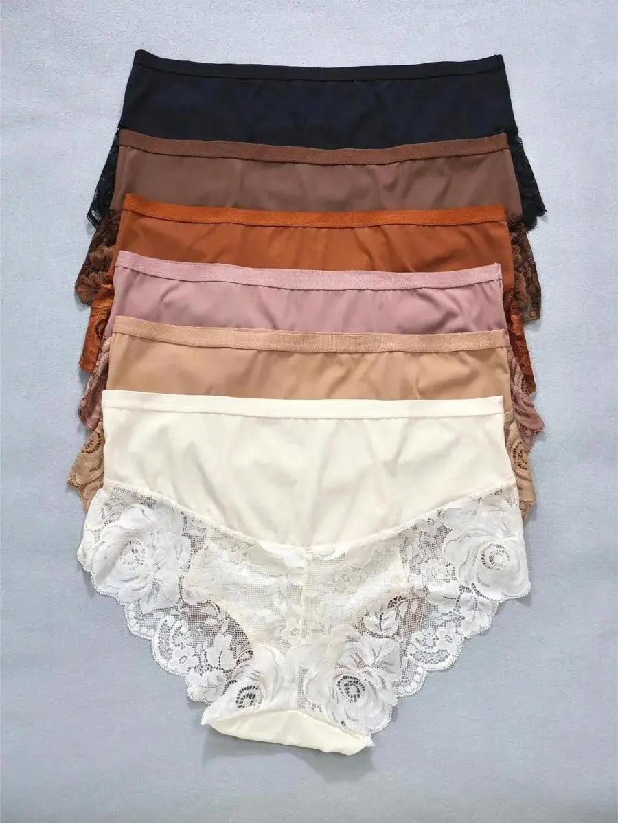 6pcs Plus Size Breathable Lace Trim Sexy Bikini Panties