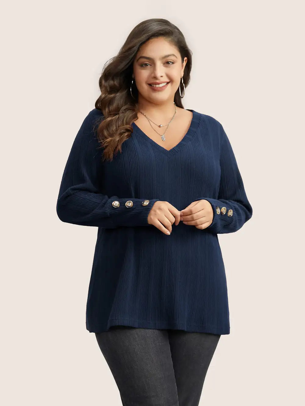 Rib Knit V Neck Button Detail T-Shirt