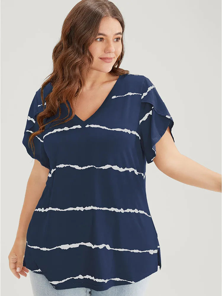Striped Contrast Petal Sleeve T-shirt