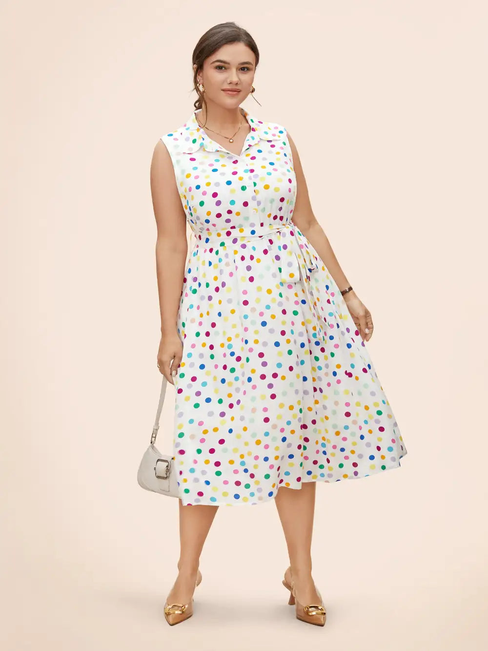 Polka Dot Front Tie Midi Shirt Dress