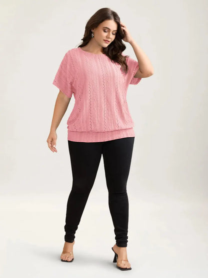 Eyelet Trim Stretchy Textured Plain Top