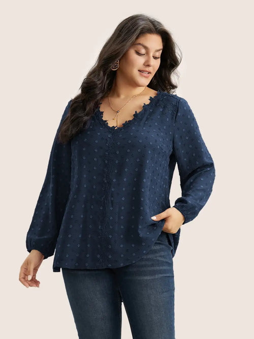 Plisse Eyelet Lace Elastic Cuffs Blouse