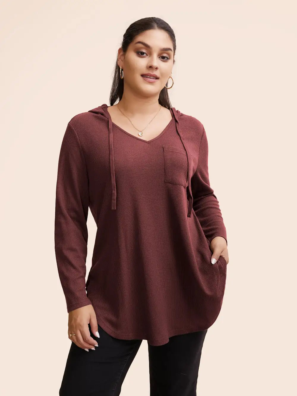 Waffle Knit Pocket Hooded Drawstring Arc Hem T-Shirt