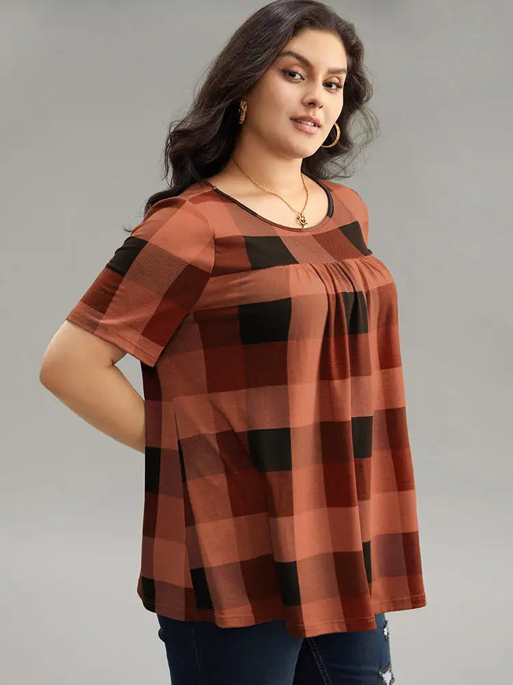 Plaid Round Neck Gathered T-Shirt