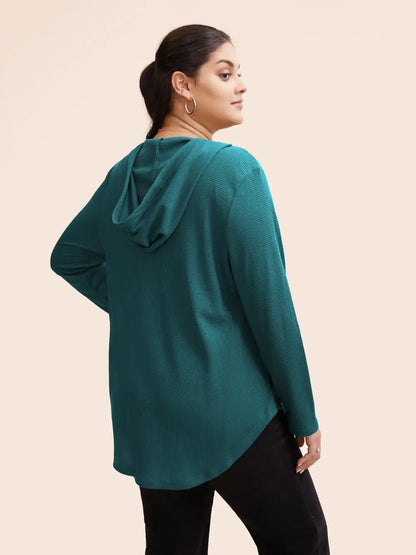 Waffle Knit Pocket Hooded Drawstring Arc Hem T-Shirt