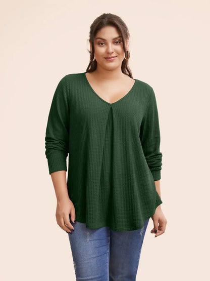 Plain Waffle Knit Scoop Neck Plicated Detail T-Shirt
