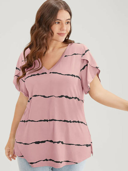 Striped Contrast Petal Sleeve T-shirt