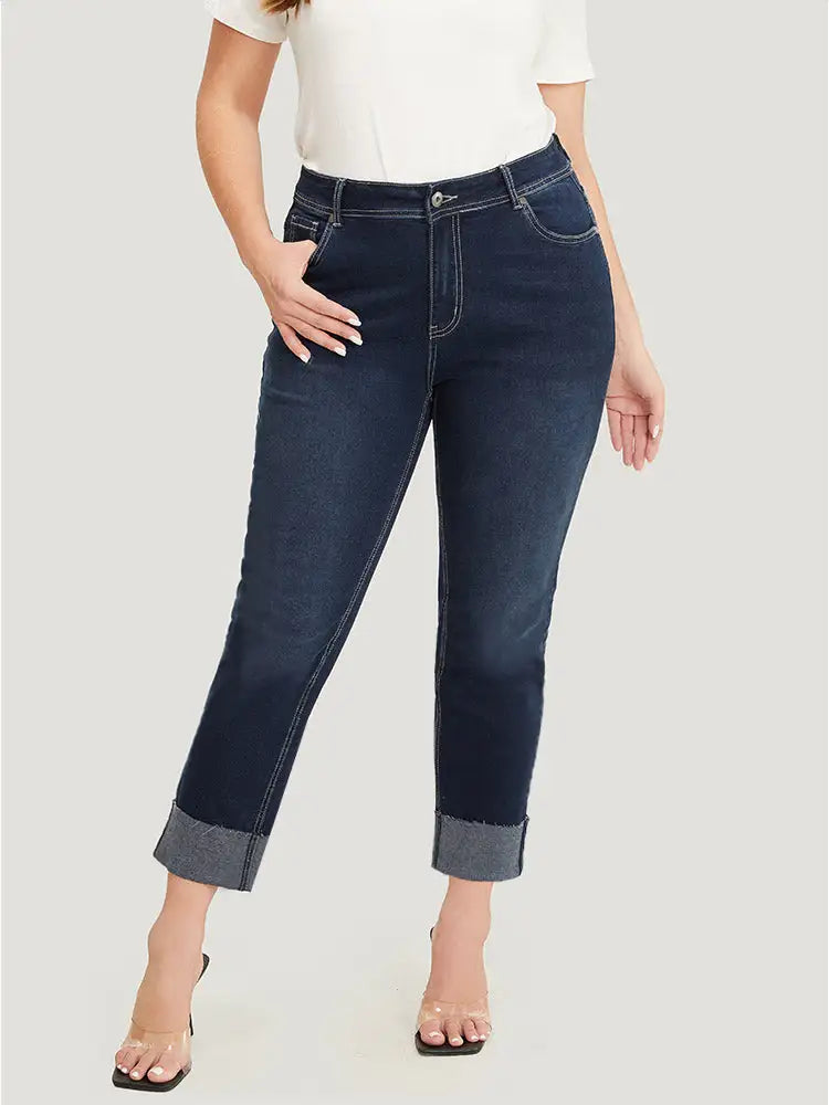 Straight Leg Very Stretchy High Rise Dark Wash Roll Hem Jeans