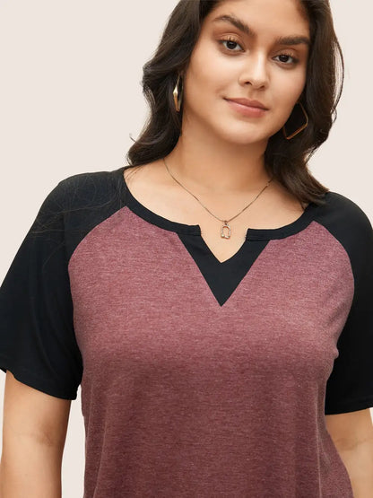 Colorblock Contrast Notched Raglan Sleeve T-Shirt