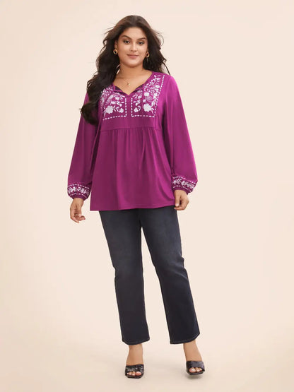 Floral Embroidered Knot Neck Lantern Sleeve T-Shirt