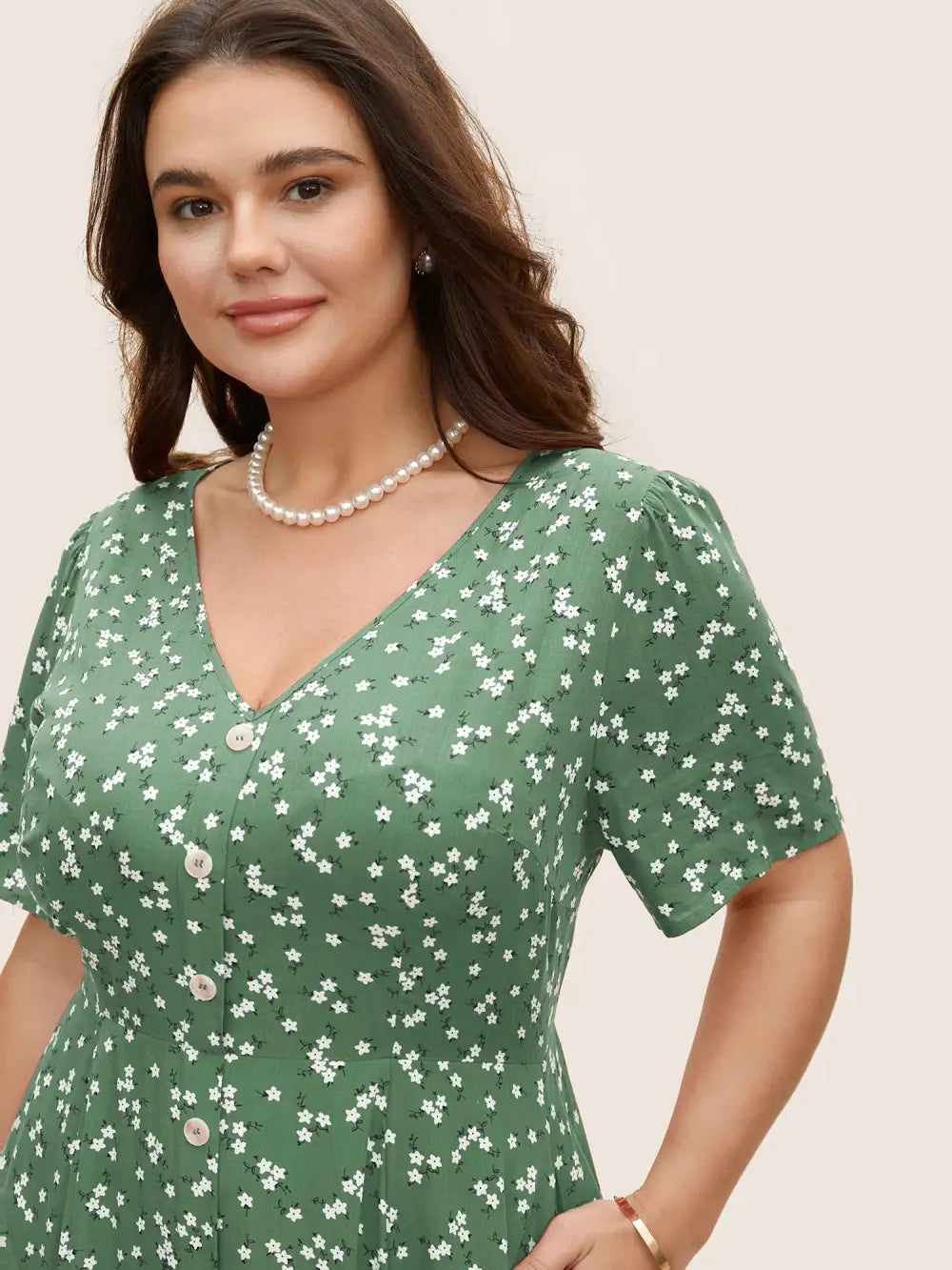 Ditsy Floral Button Detail Elastic Waist Midi Dress