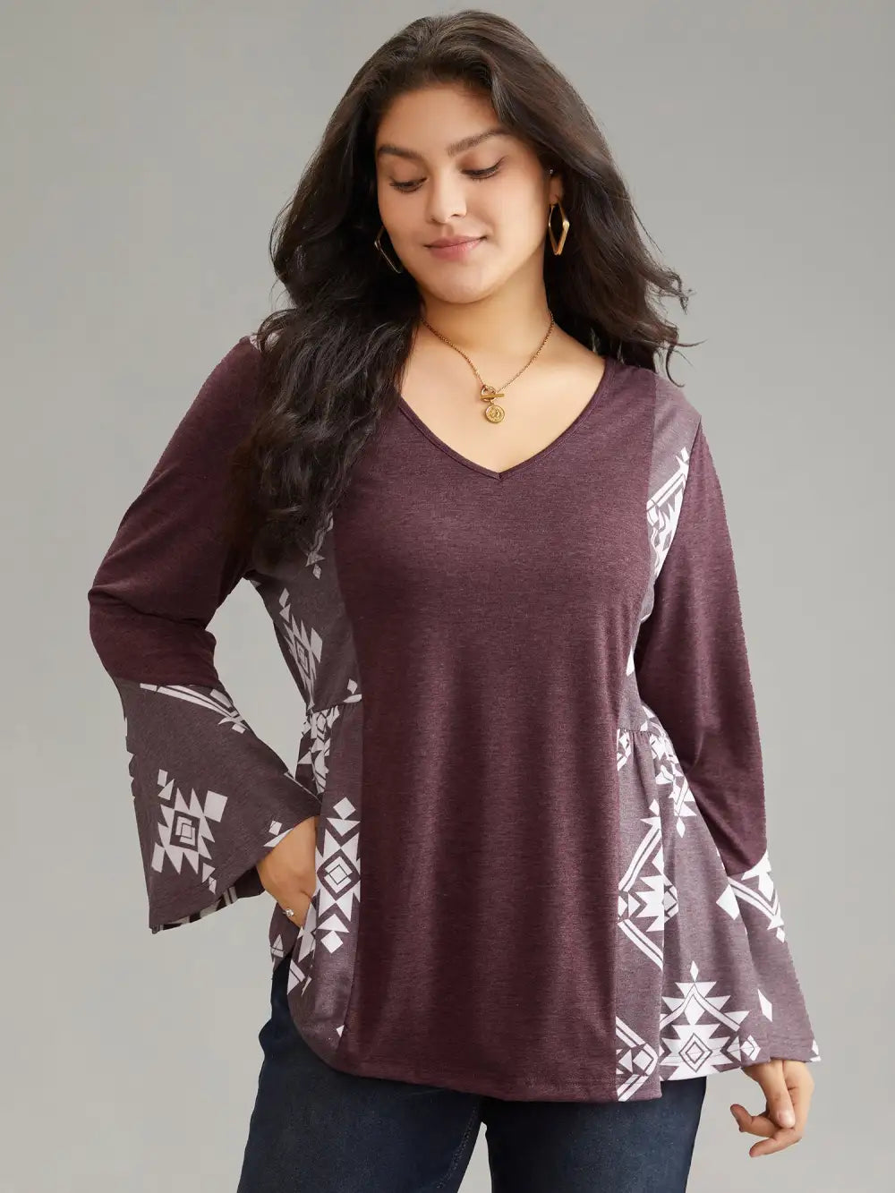 Floral Print Bell Sleeve V Neck T-Shirt