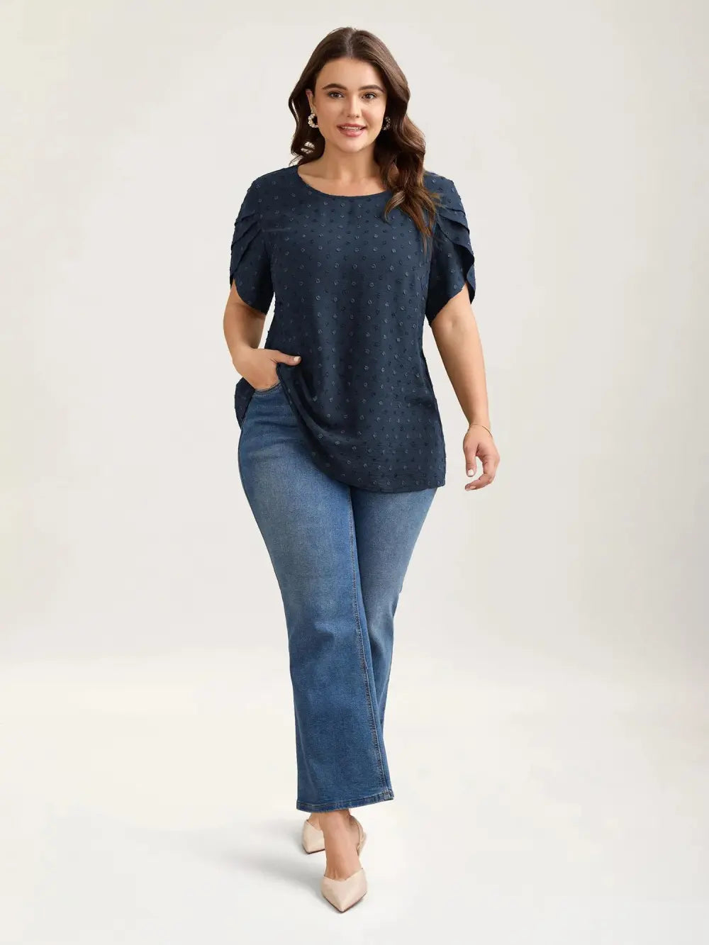 Textured Color Contrast Petal Sleeve Blouse