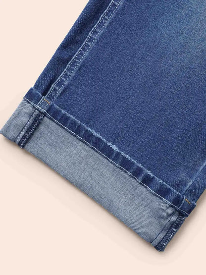 Folded Hem Rip Back Elastic Waist Jeans
