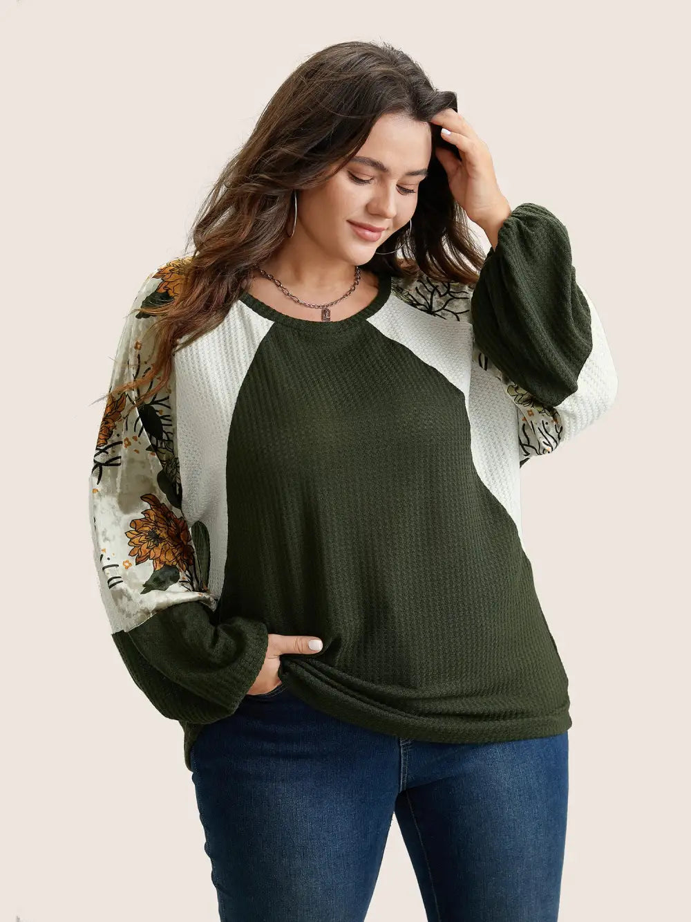 Waffle Knit Patchwork Floral Print T-Shirt
