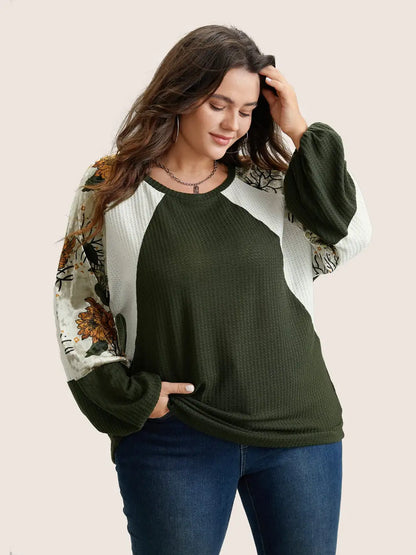 Waffle Knit Patchwork Floral Print T-Shirt