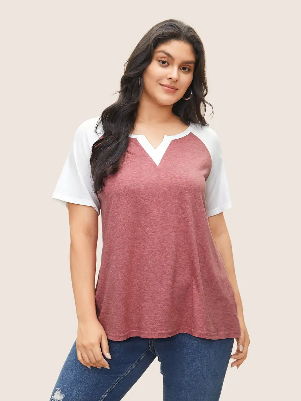 Colorblock Contrast Notched Raglan Sleeve T-Shirt